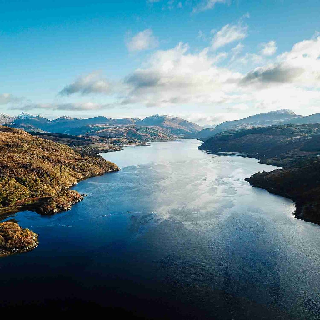 The head of Loch Sunart from Laudale Narrows Aerial view to the head of Loch Sunart